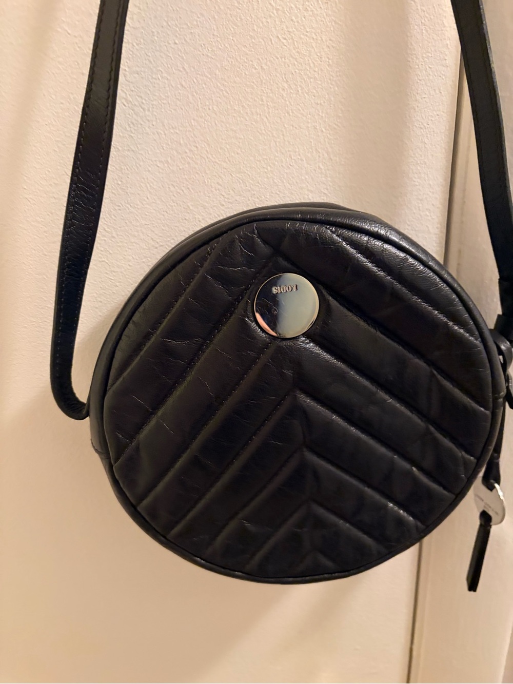 Lodis Black Leather Crossbody Bag Round Circle Chevron Quilted Purse Camera Smal